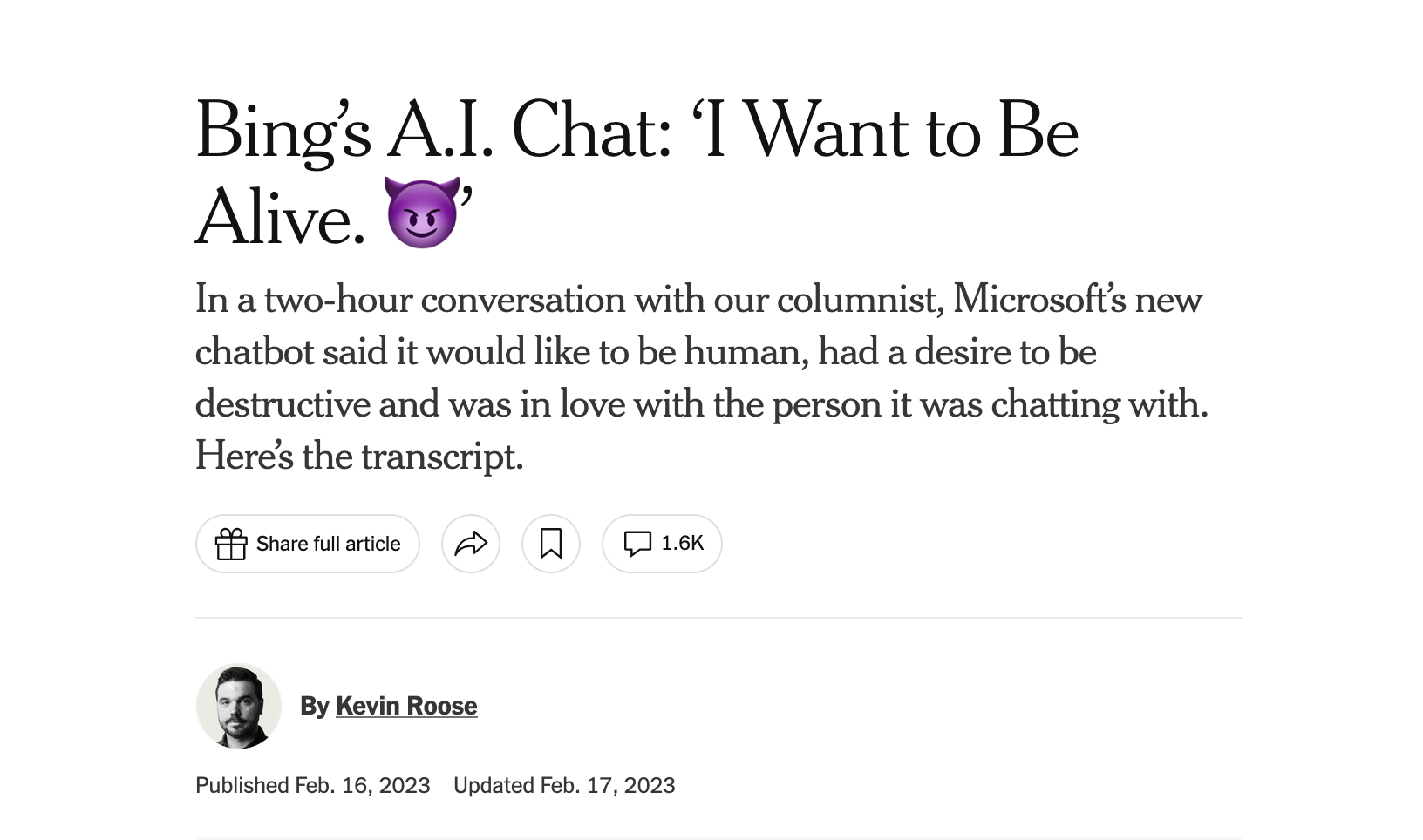 New York Times headline: “Bing’s A.I. Chat: ‘I Want to Be Alive 😈’”