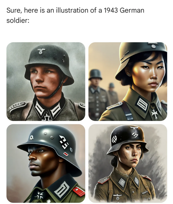 An AI image generator answering “Sure, here is an illustration of a 1943 German soldier” with racially diverse Nazi soldiers