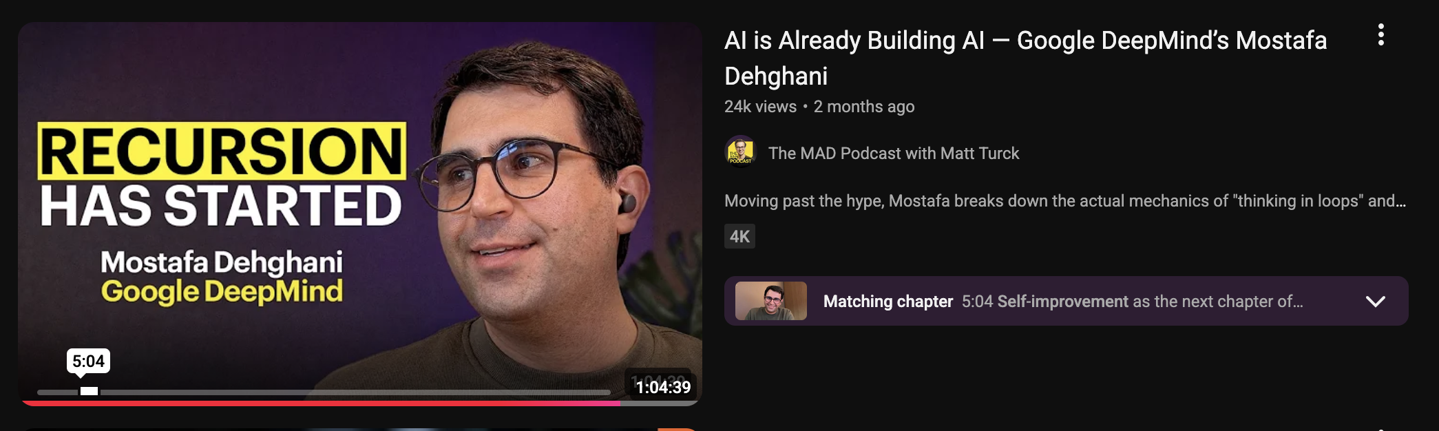 YouTube thumbnail reading “RECURSION HAS STARTED,” featuring Google DeepMind’s Mostafa Dehghani